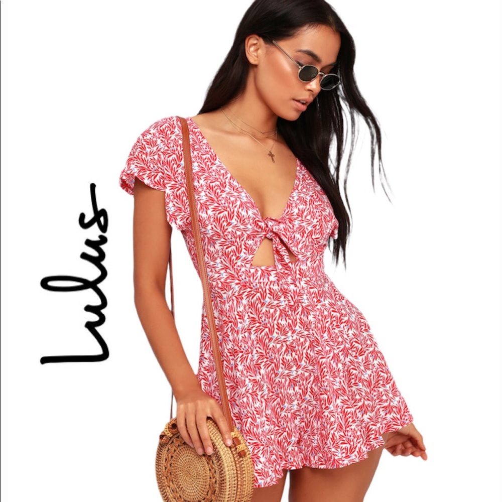 Lulu's Red & White Tie-Front Floral Romper Dress